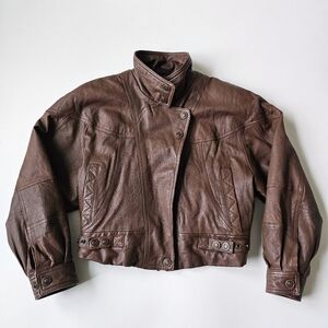 Vintage Adventure Bound Brown Leather Bomber Jacket Moto Style Cropped Size S